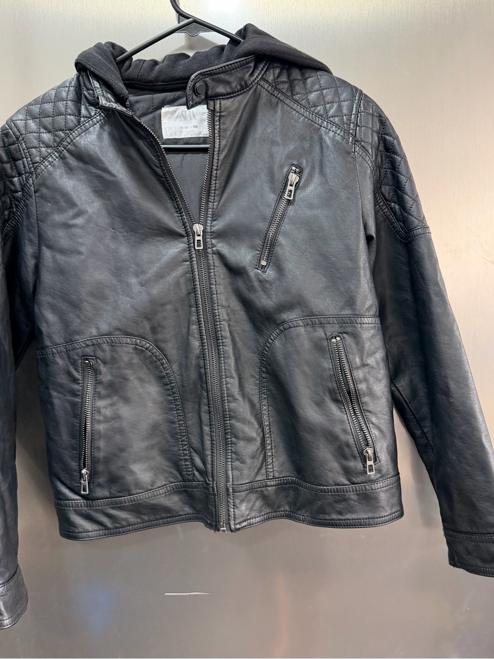 Zara kids Black Quilted Shoulder Faux Leather with Hooded Jacket size 11/12